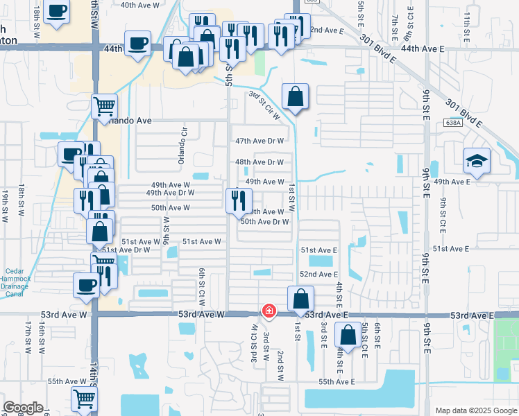 map of restaurants, bars, coffee shops, grocery stores, and more near 207 50th Avenue Drive West in Bradenton