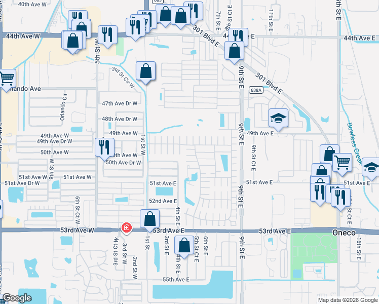 map of restaurants, bars, coffee shops, grocery stores, and more near 313 50th Avenue Drive East in Bradenton