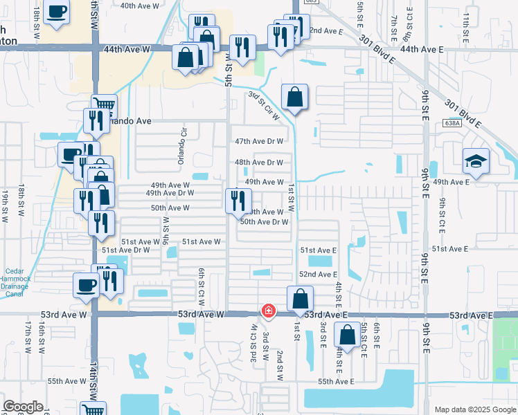 map of restaurants, bars, coffee shops, grocery stores, and more near 207 50th Avenue Drive West in Bradenton