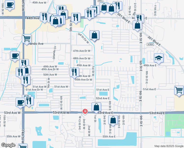 map of restaurants, bars, coffee shops, grocery stores, and more near 101 50th Avenue Drive East in Bradenton