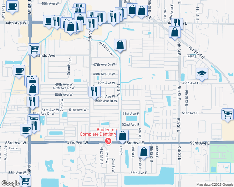 map of restaurants, bars, coffee shops, grocery stores, and more near 101 50th Avenue Drive East in Bradenton