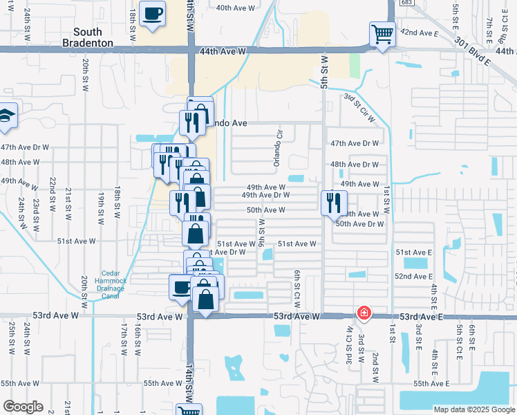 map of restaurants, bars, coffee shops, grocery stores, and more near 810 50th Avenue Drive West in Bradenton