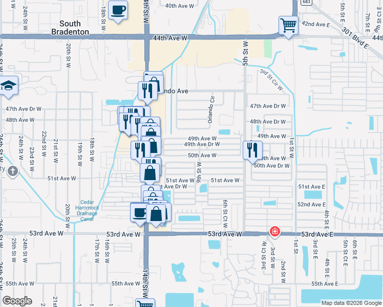 map of restaurants, bars, coffee shops, grocery stores, and more near 918 50th Avenue Drive West in Bradenton