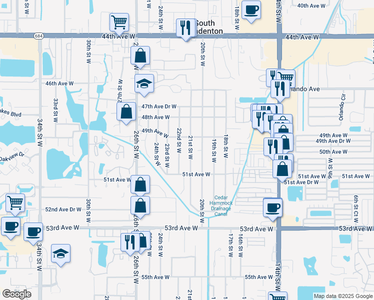 map of restaurants, bars, coffee shops, grocery stores, and more near 5008b 22nd Street West in Bradenton