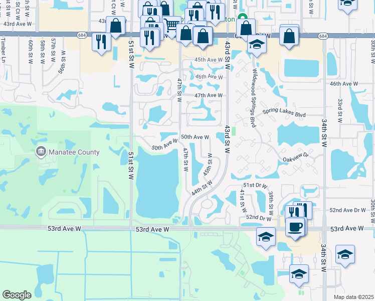 map of restaurants, bars, coffee shops, grocery stores, and more near 5030 47th Street West in Bradenton