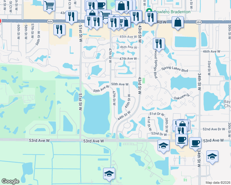 map of restaurants, bars, coffee shops, grocery stores, and more near 5030 47th Street West in Bradenton