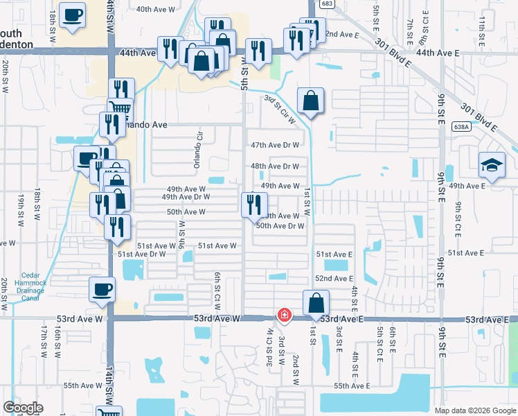 map of restaurants, bars, coffee shops, grocery stores, and more near 403 49th Avenue Drive West in Bradenton