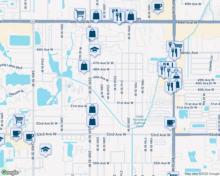 map of restaurants, bars, coffee shops, grocery stores, and more near 2204B 49th Avenue West in Bradenton