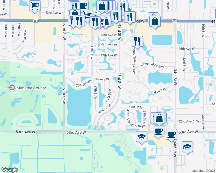 map of restaurants, bars, coffee shops, grocery stores, and more near 4610 50th Avenue West in Bradenton