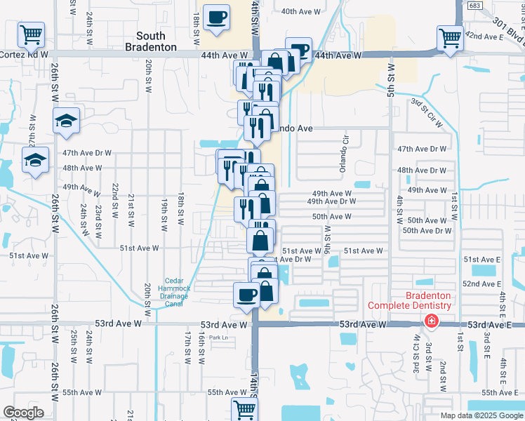 map of restaurants, bars, coffee shops, grocery stores, and more near 4007 14th Street West in Bradenton