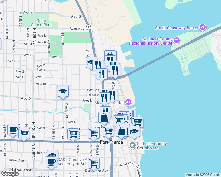 map of restaurants, bars, coffee shops, grocery stores, and more near 635 North 2nd Street in Fort Pierce