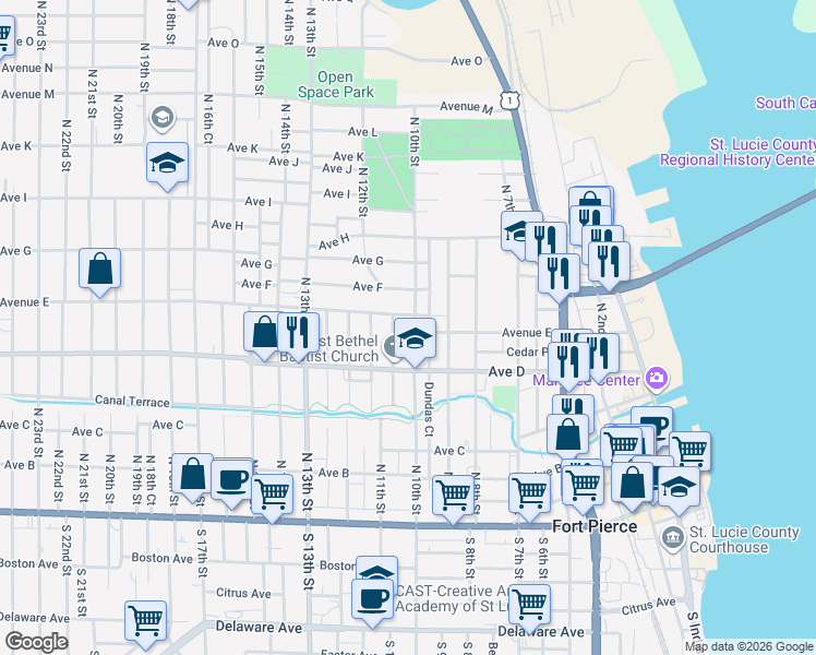 map of restaurants, bars, coffee shops, grocery stores, and more near 1102 Avenue East in Fort Pierce