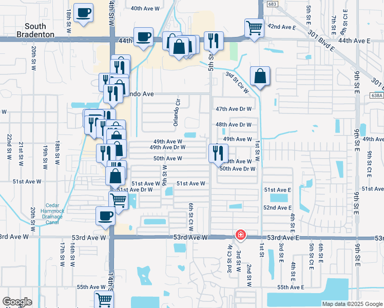 map of restaurants, bars, coffee shops, grocery stores, and more near 619 49th Avenue Drive West in Bradenton