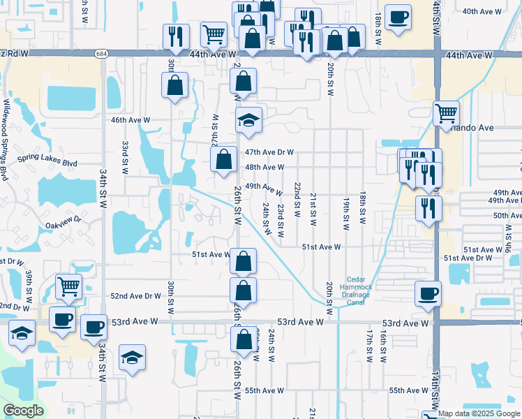 map of restaurants, bars, coffee shops, grocery stores, and more near 4905 24th Street West in Bradenton