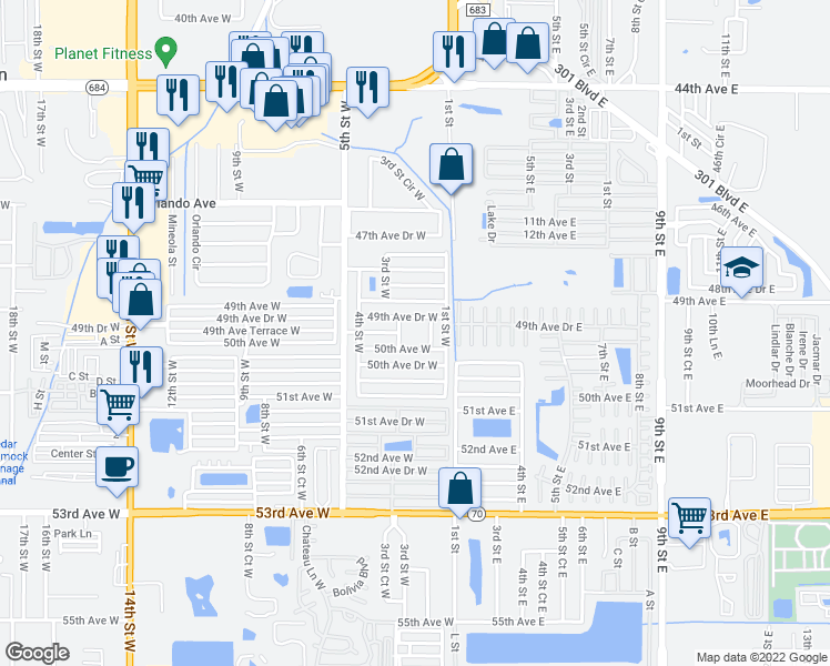 map of restaurants, bars, coffee shops, grocery stores, and more near 4925 3rd Street West in Bradenton