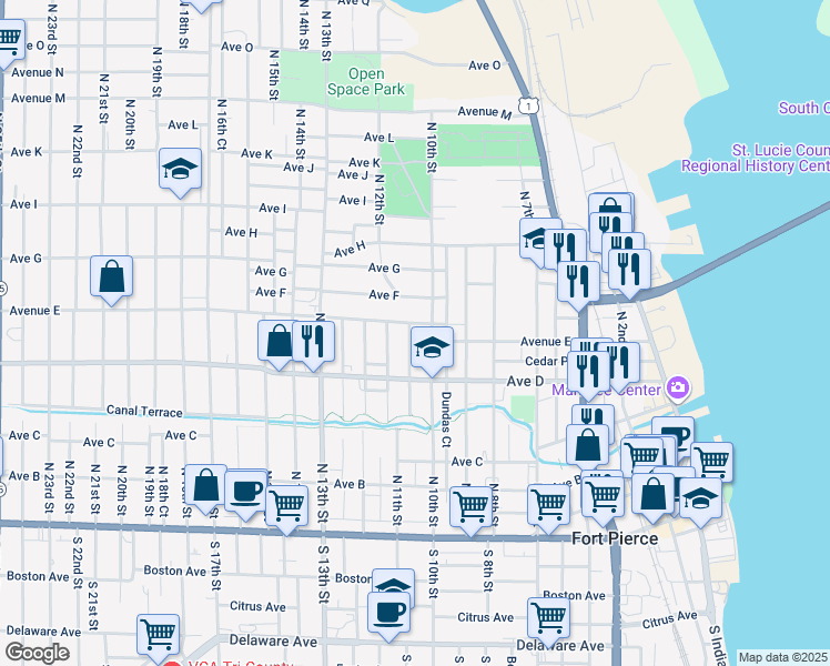 map of restaurants, bars, coffee shops, grocery stores, and more near 1102 Avenue East in Fort Pierce