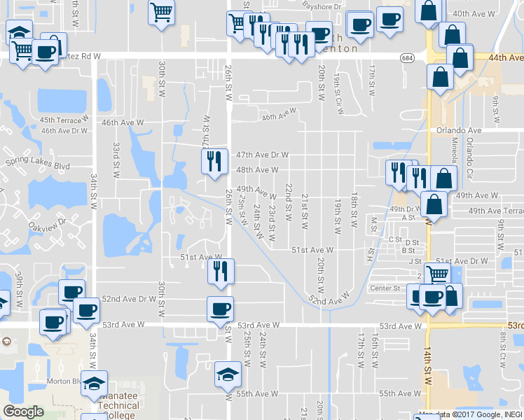 map of restaurants, bars, coffee shops, grocery stores, and more near 4905 24th Street West in Bradenton