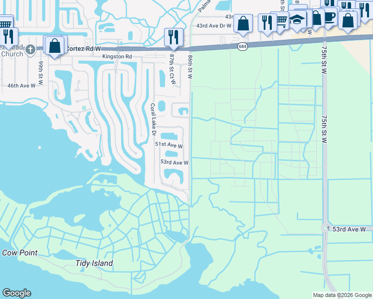 map of restaurants, bars, coffee shops, grocery stores, and more near 5021 86th Street Court West in Bradenton