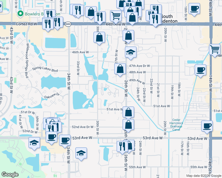 map of restaurants, bars, coffee shops, grocery stores, and more near 2835 50th Avenue West in Bradenton