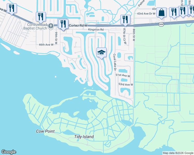 map of restaurants, bars, coffee shops, grocery stores, and more near 5111 Bimini Drive in Bradenton