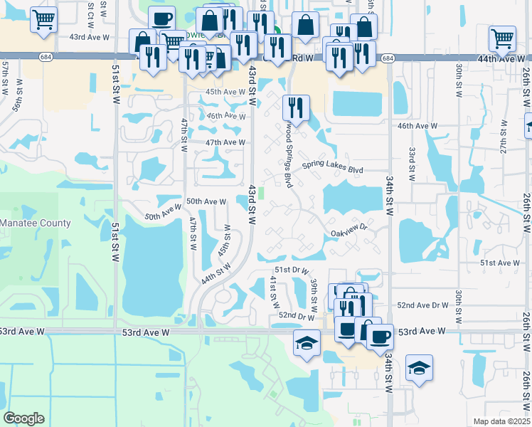 map of restaurants, bars, coffee shops, grocery stores, and more near 448 Palm Tree Drive in Bradenton