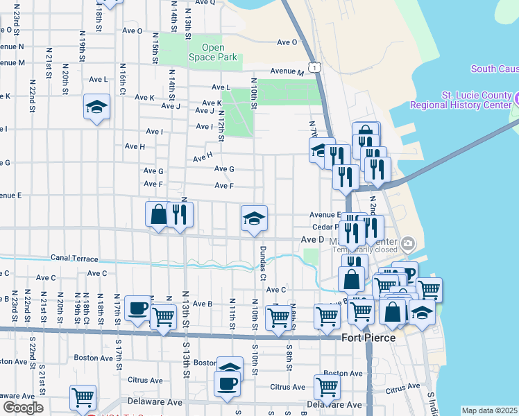map of restaurants, bars, coffee shops, grocery stores, and more near 605 Dundas Court in Fort Pierce