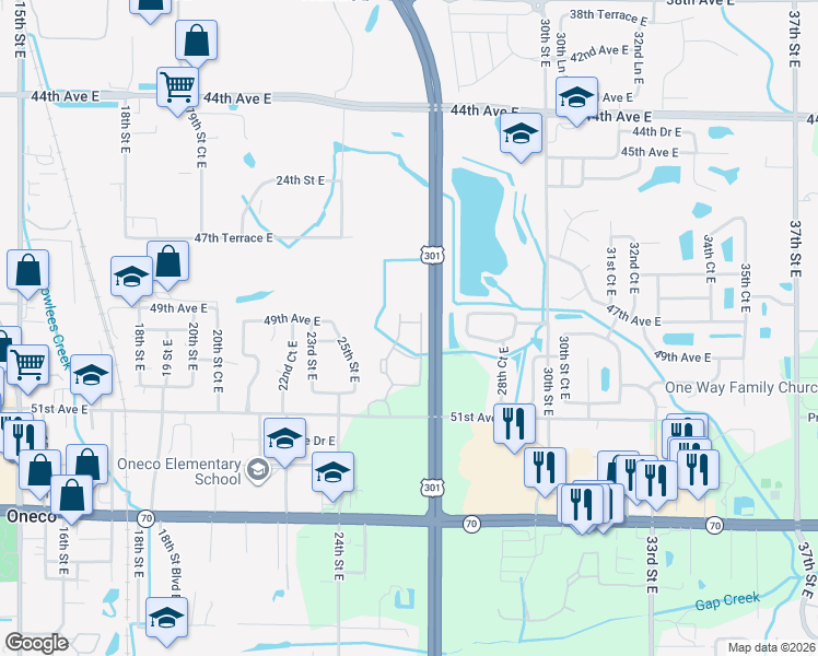 map of restaurants, bars, coffee shops, grocery stores, and more near 2606 49th Drive East in Bradenton