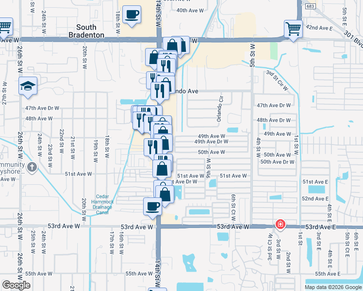 map of restaurants, bars, coffee shops, grocery stores, and more near 1111 49th Avenue Drive West in Bradenton