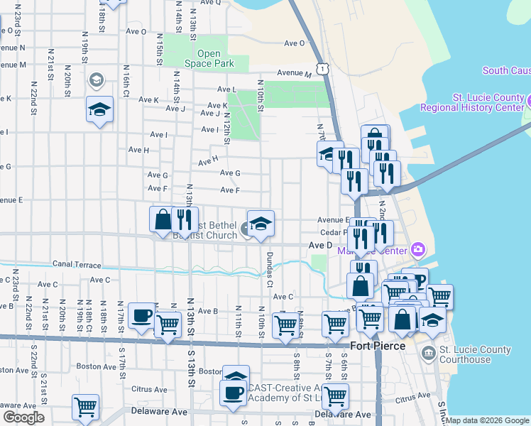 map of restaurants, bars, coffee shops, grocery stores, and more near 614 Dundas Court in Fort Pierce