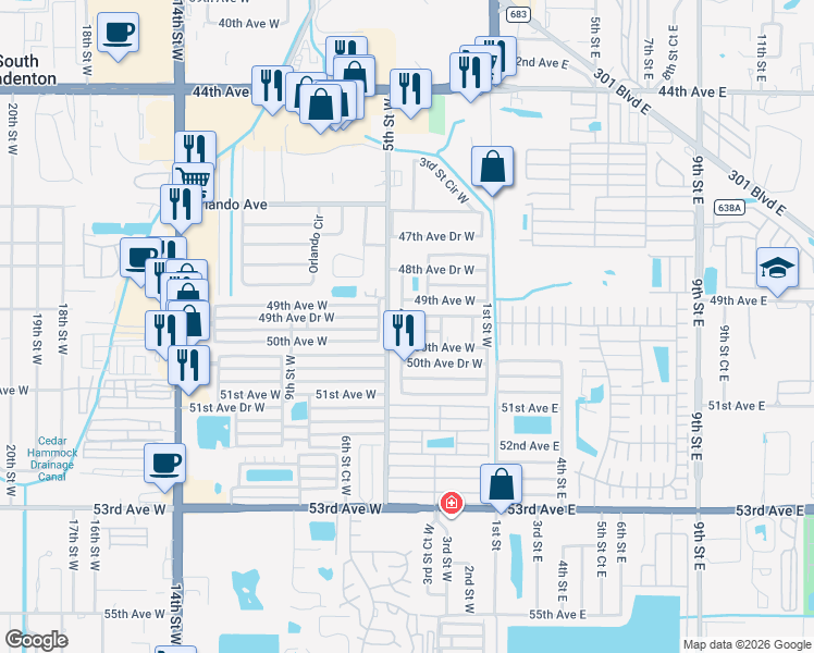map of restaurants, bars, coffee shops, grocery stores, and more near 403 49th Avenue Drive West in Bradenton