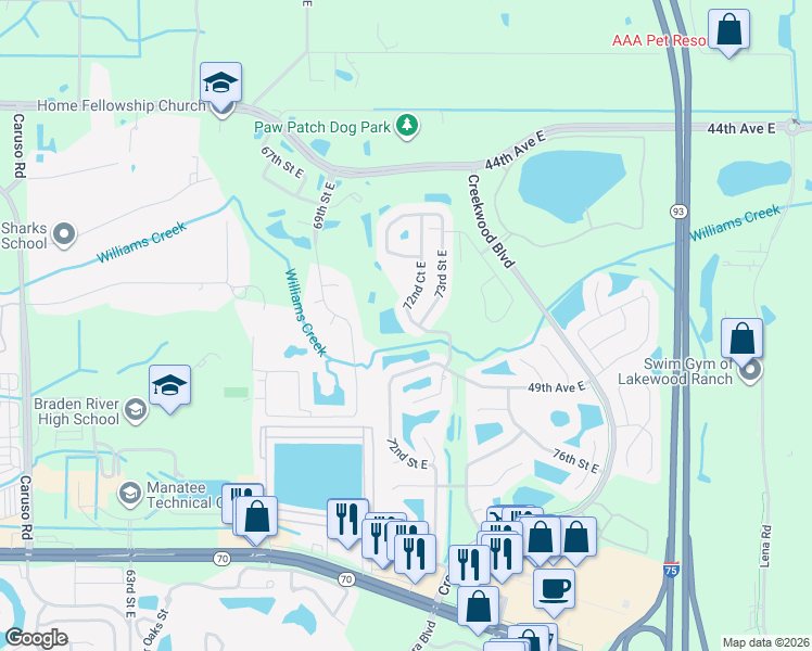 map of restaurants, bars, coffee shops, grocery stores, and more near 4673 72nd Court East in Bradenton