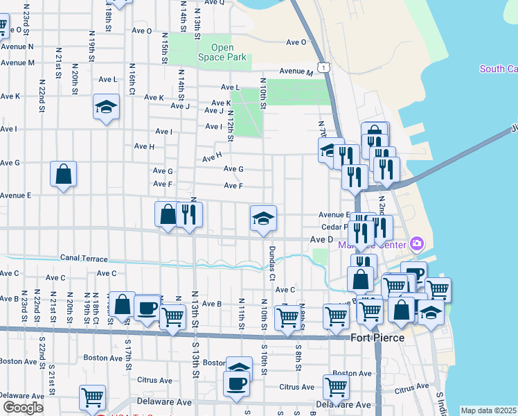 map of restaurants, bars, coffee shops, grocery stores, and more near 1102 Avenue East in Fort Pierce