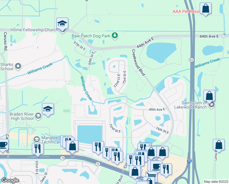 map of restaurants, bars, coffee shops, grocery stores, and more near 4673 72nd Court East in Bradenton