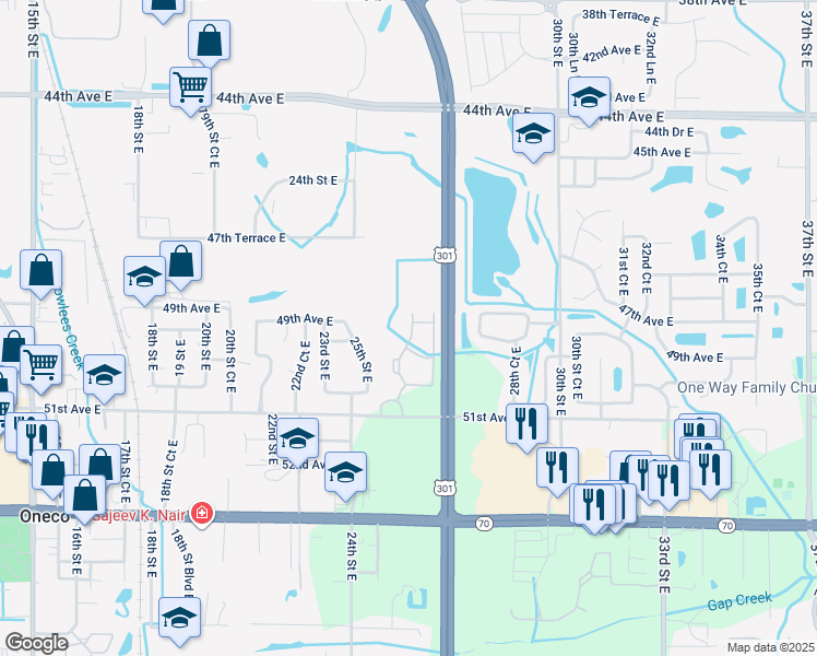 map of restaurants, bars, coffee shops, grocery stores, and more near 107 49th Drive East in Bradenton