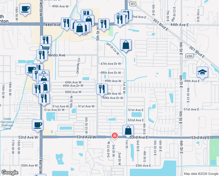 map of restaurants, bars, coffee shops, grocery stores, and more near 403 49th Avenue Drive West in Bradenton