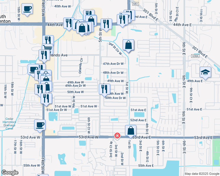 map of restaurants, bars, coffee shops, grocery stores, and more near 403 49th Avenue Drive West in Bradenton