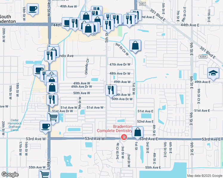 map of restaurants, bars, coffee shops, grocery stores, and more near 403 49th Avenue Drive West in Bradenton