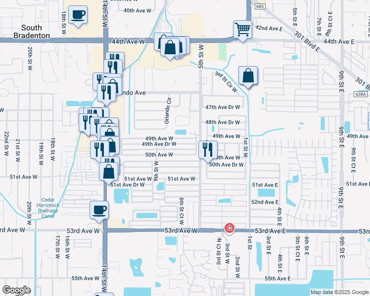 map of restaurants, bars, coffee shops, grocery stores, and more near 619 49th Avenue Drive West in Bradenton