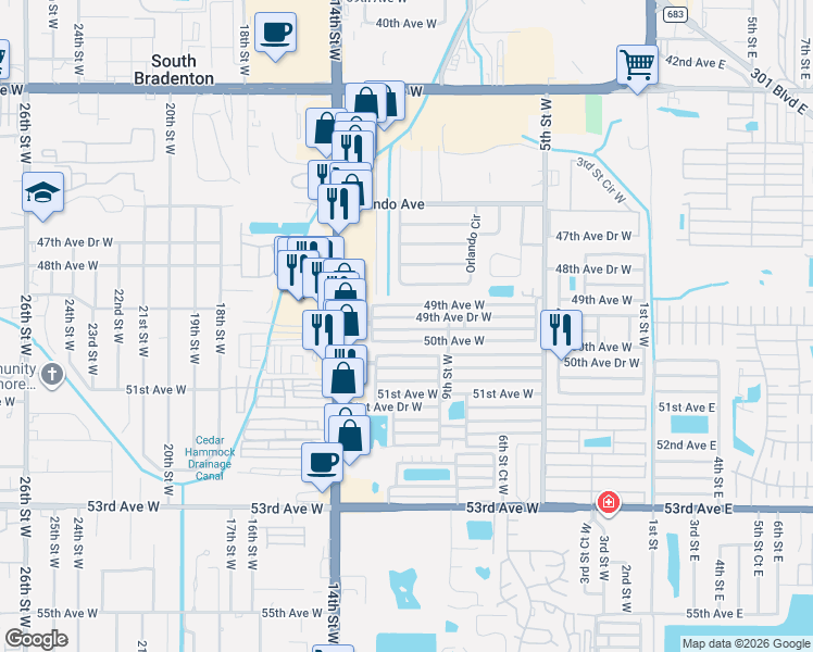 map of restaurants, bars, coffee shops, grocery stores, and more near 919 49th Avenue Drive West in Bradenton