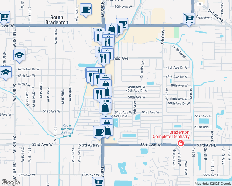 map of restaurants, bars, coffee shops, grocery stores, and more near 1111 49th Avenue Drive West in Bradenton