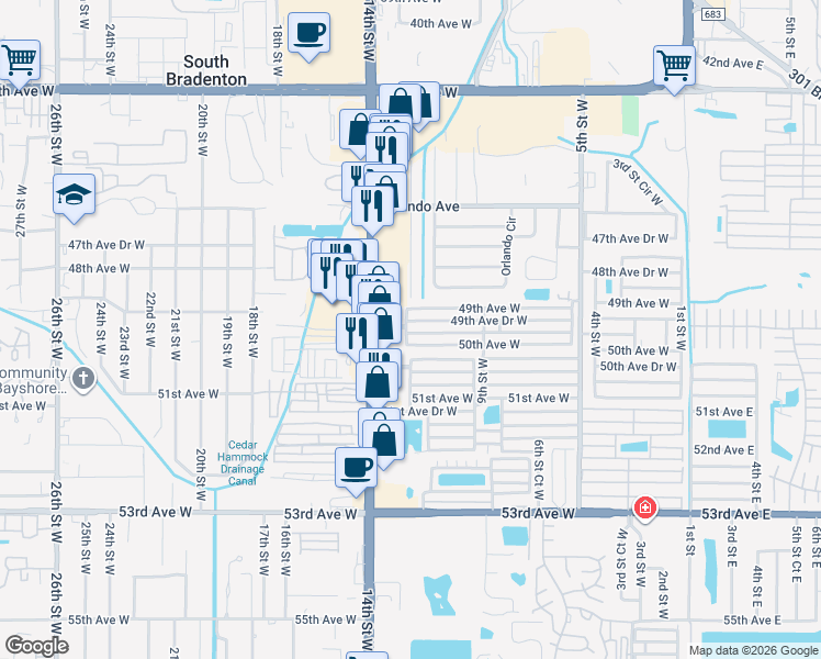map of restaurants, bars, coffee shops, grocery stores, and more near 1111 49th Avenue Drive West in Bradenton