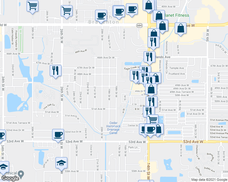 map of restaurants, bars, coffee shops, grocery stores, and more near 4905B 19th Street West in Bradenton