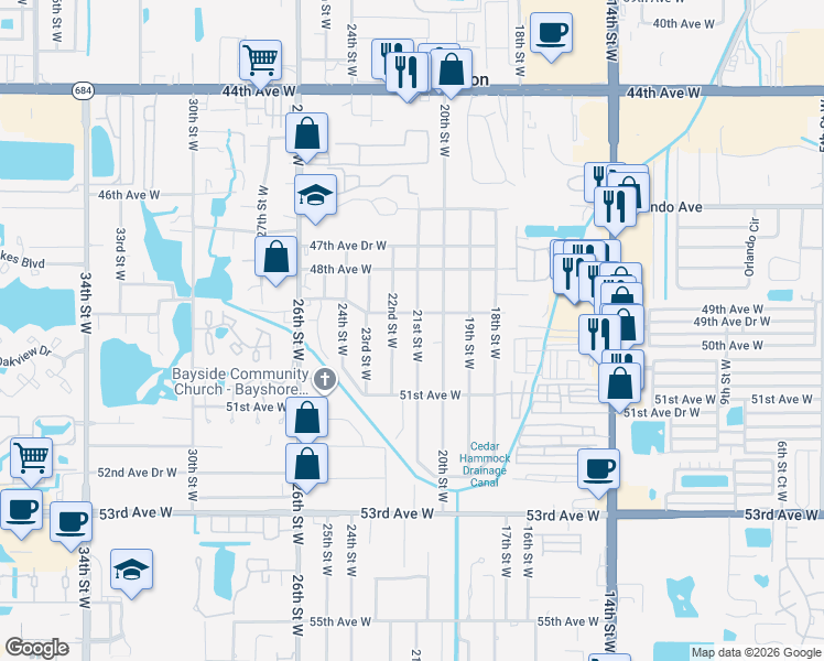 map of restaurants, bars, coffee shops, grocery stores, and more near 2008 49th Avenue West in Bradenton