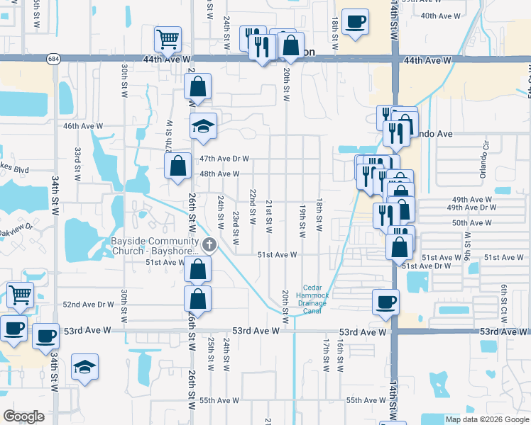 map of restaurants, bars, coffee shops, grocery stores, and more near 2008 49th Avenue West in Bradenton