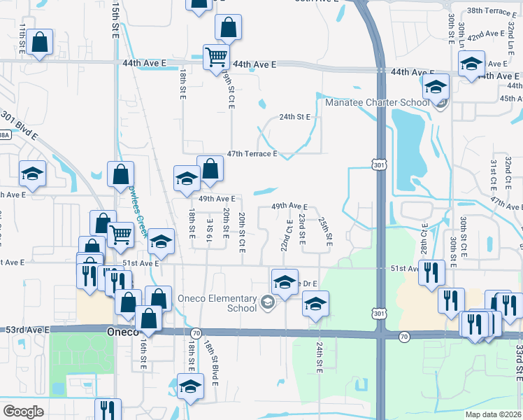 map of restaurants, bars, coffee shops, grocery stores, and more near 2113 49th Avenue East in Bradenton