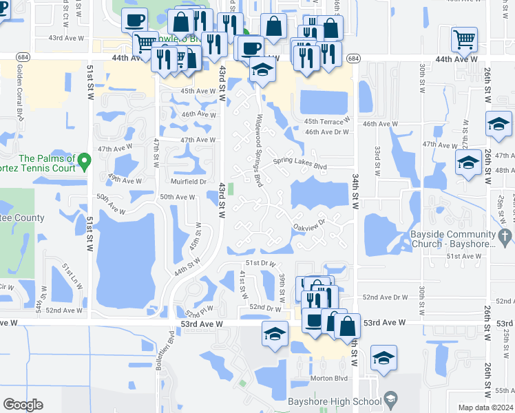 map of restaurants, bars, coffee shops, grocery stores, and more near 471 Palm Tree Drive in Bradenton