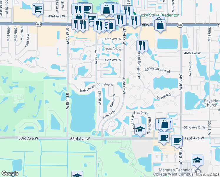 map of restaurants, bars, coffee shops, grocery stores, and more near 4610 50th Avenue West in Bradenton