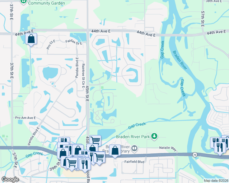 map of restaurants, bars, coffee shops, grocery stores, and more near 4627 Runabout Way in Bradenton