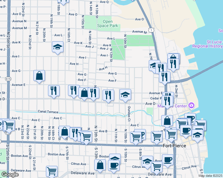 map of restaurants, bars, coffee shops, grocery stores, and more near 1124 Avenue East in Fort Pierce
