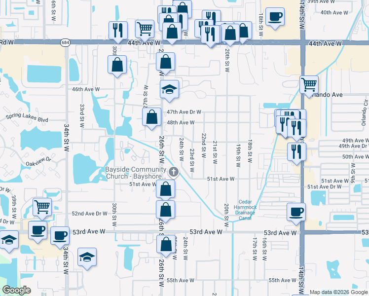 map of restaurants, bars, coffee shops, grocery stores, and more near 4905 24th Street West in Bradenton